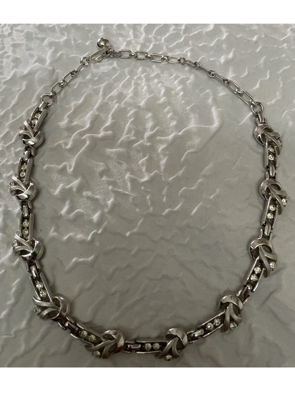 Vintage 50s Trifari Silver-Tone Knot Necklace with Clear Rhinestones